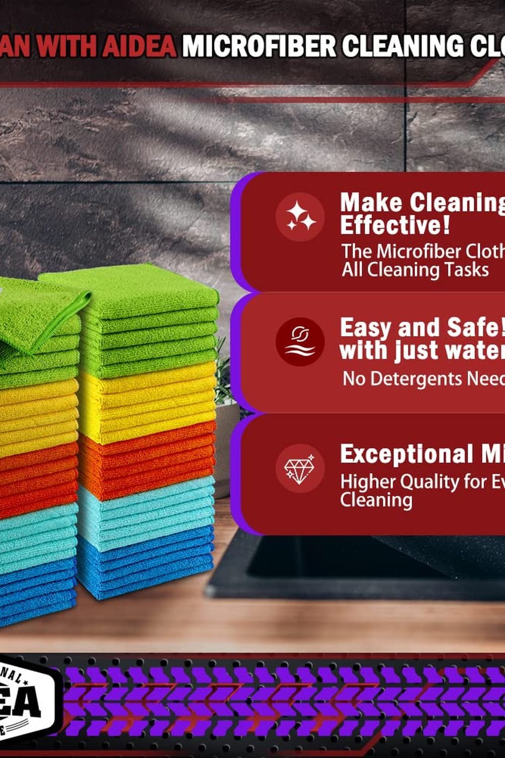 AIDEA Microfiber Cleaning Cloth-50PK, Microfiber Towels Cars, 12"12" side angle and details - AIDEA Microfiber Cleaning Cloth-50PK, Microfiber Towels Cars, 12"12"