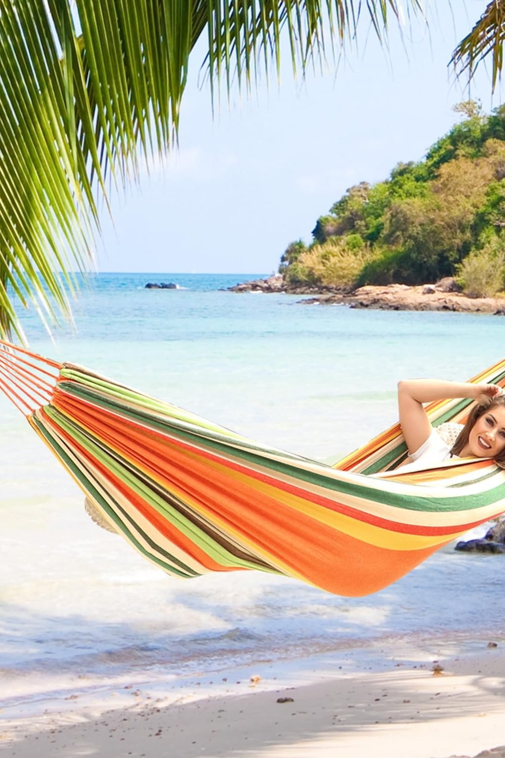 ANYOO Cotton Camping Hammock Portable with Tree Straps Holds 660lbs side angle and details — ANYOO Cotton Camping Hammock Portable with Tree Straps Holds 660lbs