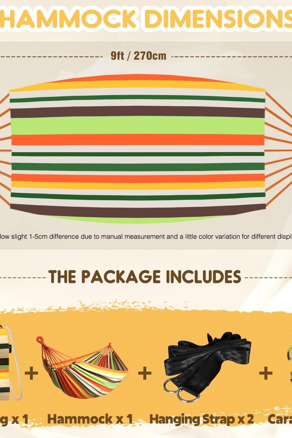 ANYOO Cotton Camping Hammock Portable with Tree Straps Holds 660lbs packaging and contents — ANYOO Cotton Camping Hammock Portable with Tree Straps Holds 660lbs