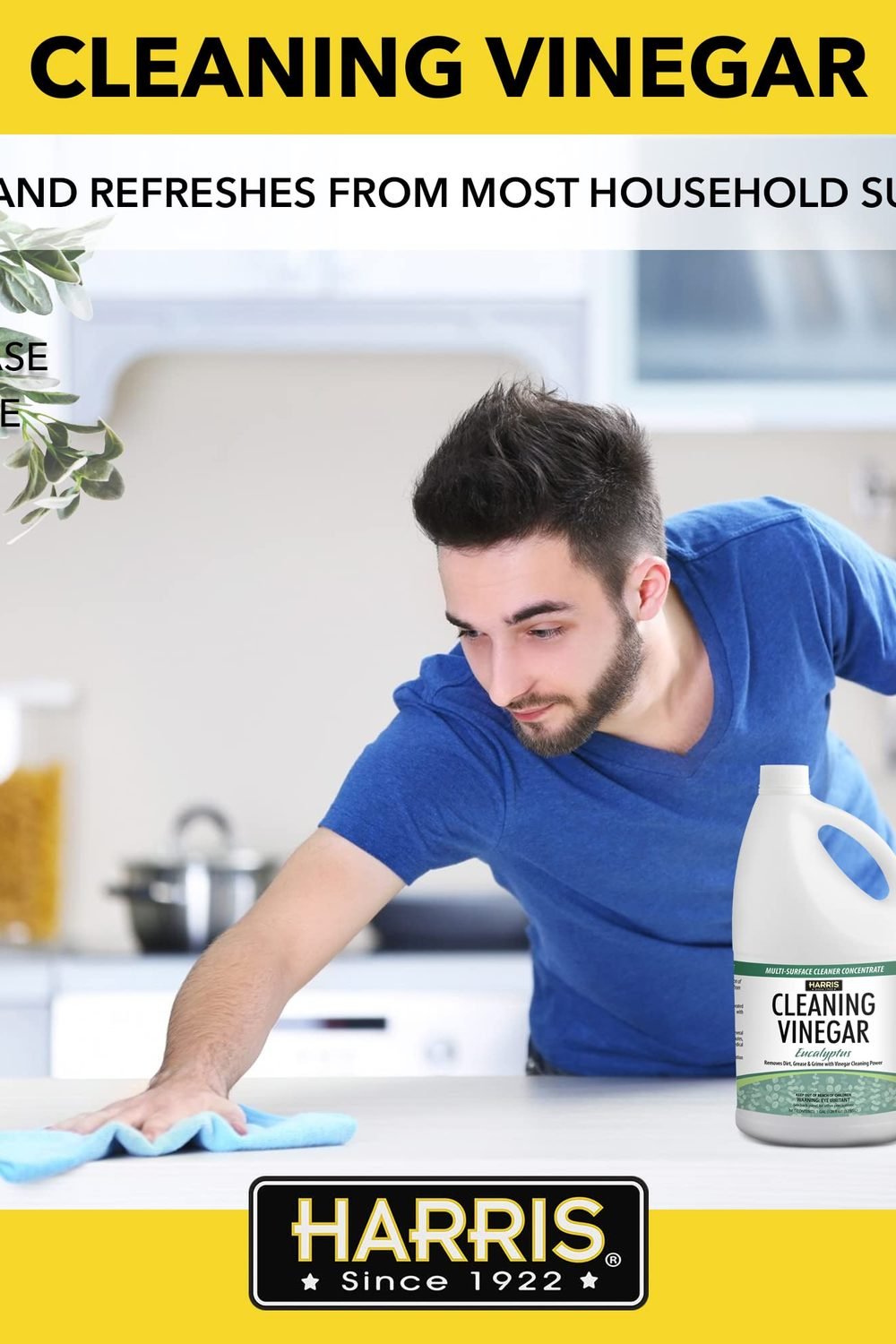 HARRIS Cleaning Vinegar All Purpose Household Surface Cleaner, 128oz (Eucalyptus) with Easy Pour Funnel Included side angle and details - HARRIS Cleaning Vinegar All Purpose Household Surface Cleaner, 128oz (Eucalyptus) with Easy Pour Funnel Included