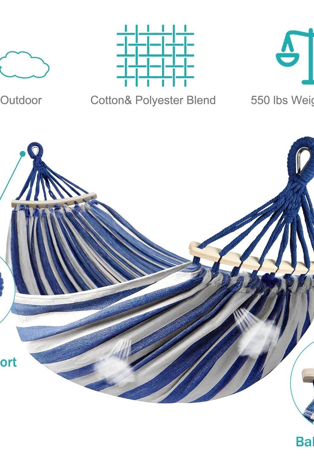 MOSFiATA Hammocks Portable Camping Hammock Upgraded 550lb Comfortable Fabric Hammock with Two Anti Roll Balance Beam and Sturdy Metal Knot Tree Straps Camping, Patio, Backyard, Outdoor(Blue White) side angle and details — MOSFiATA Hammocks Portable Camping Hammock Upgraded 550lb Comfortable Fabric Hammock with Two Anti Roll Balance Beam and Sturdy Metal Knot Tree Straps Camping, Patio, Backyard, Outdoor(Blue White)