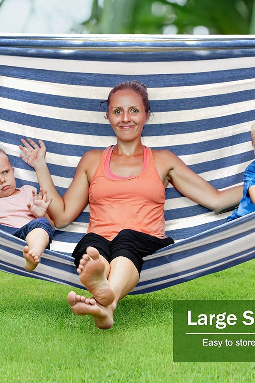 MOSFiATA Hammocks Portable Camping Hammock Upgraded 550lb Comfortable Fabric Hammock with Two Anti Roll Balance Beam and Sturdy Metal Knot Tree Straps Camping, Patio, Backyard, Outdoor(Blue White) in use at home — MOSFiATA Hammocks Portable Camping Hammock Upgraded 550lb Comfortable Fabric Hammock with Two Anti Roll Balance Beam and Sturdy Metal Knot Tree Straps Camping, Patio, Backyard, Outdoor(Blue White)