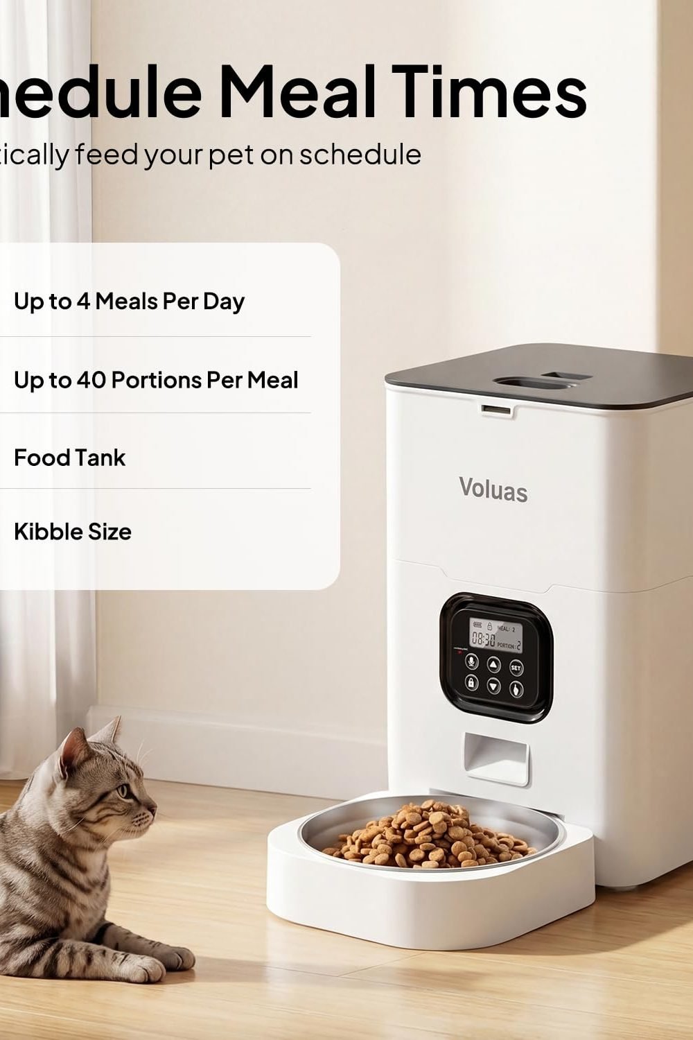 VOLUAS Automatic Cat Feeder, 4L Timed Dry Food Dispenser Cats & Dogs side angle and details — VOLUAS Automatic Cat Feeder, 4L Timed Dry Food Dispenser Cats & Dogs
