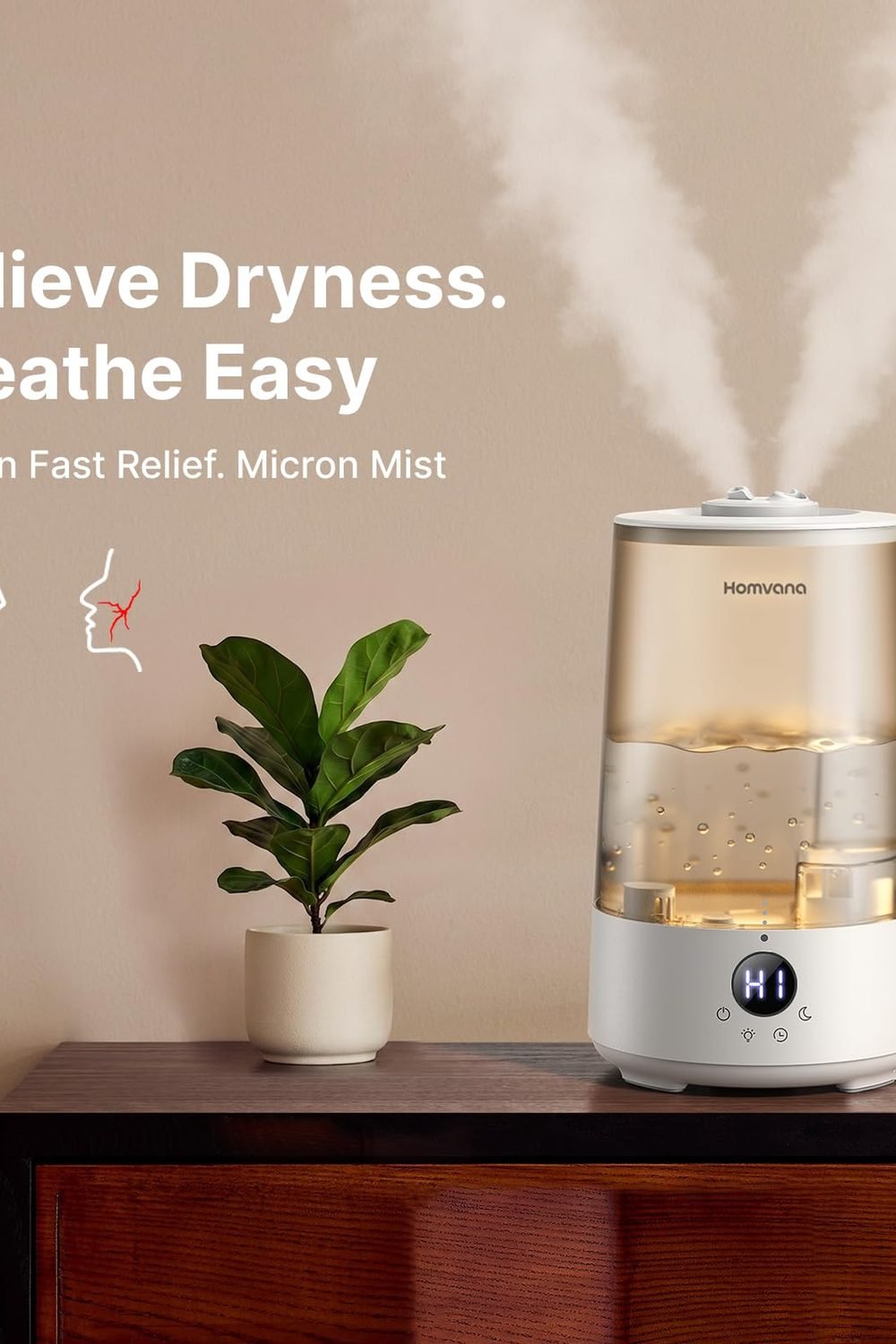Homvana 3.6L Top-Fill Cool Mist Humidifiers Bedroom, Large Room(Grey) side angle and details - Homvana 3.6L Top-Fill Cool Mist Humidifiers Bedroom, Large Room(Grey)