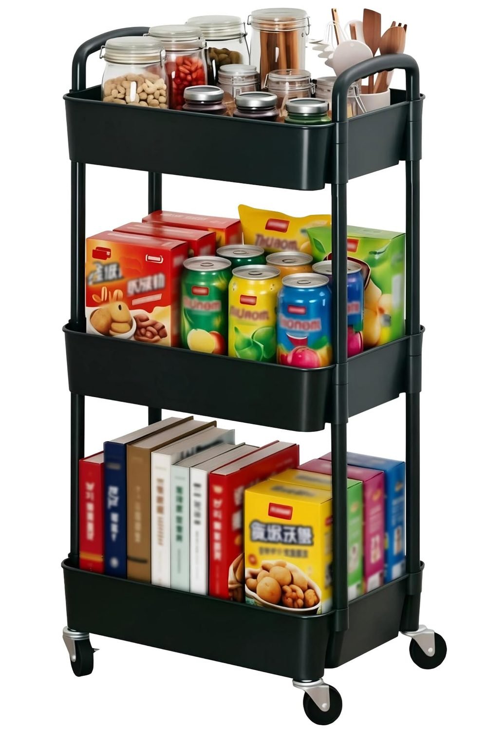 Sywhitta 3-Tier Plastic Rolling Utility Cart with Wheels Storage,Black main product view - Sywhitta 3-Tier Plastic Rolling Utility Cart with Wheels Storage,Black