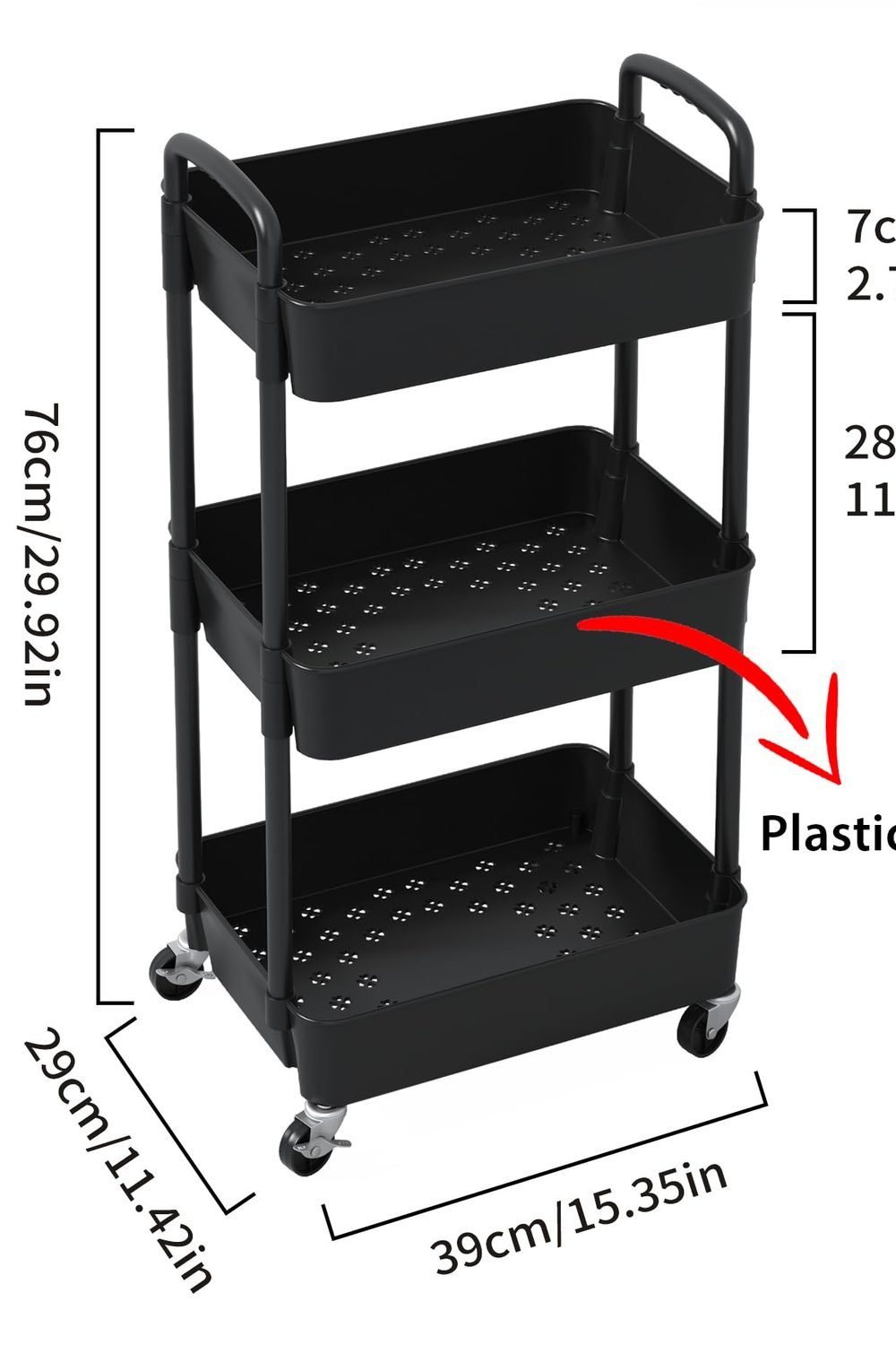 Sywhitta 3-Tier Plastic Rolling Utility Cart with Wheels Storage,Black side angle and details - Sywhitta 3-Tier Plastic Rolling Utility Cart with Wheels Storage,Black