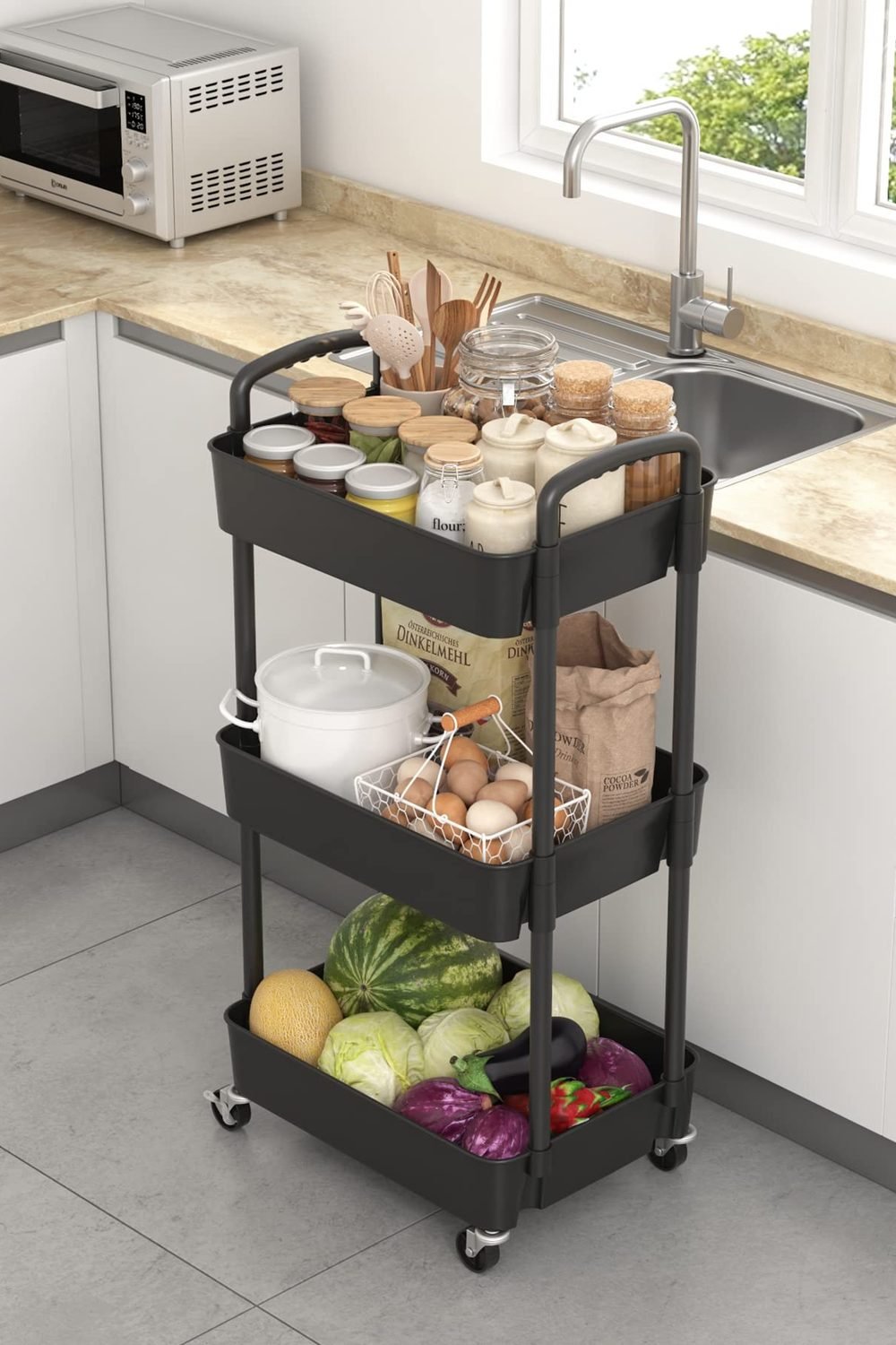 Sywhitta 3-Tier Plastic Rolling Utility Cart with Wheels Storage,Black packaging and contents - Sywhitta 3-Tier Plastic Rolling Utility Cart with Wheels Storage,Black