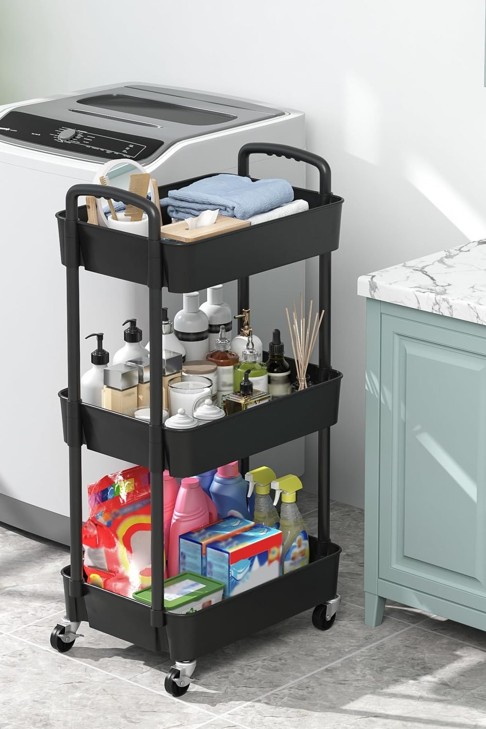 Sywhitta 3-Tier Plastic Rolling Utility Cart with Wheels Storage,Black accessories and refills - Sywhitta 3-Tier Plastic Rolling Utility Cart with Wheels Storage,Black