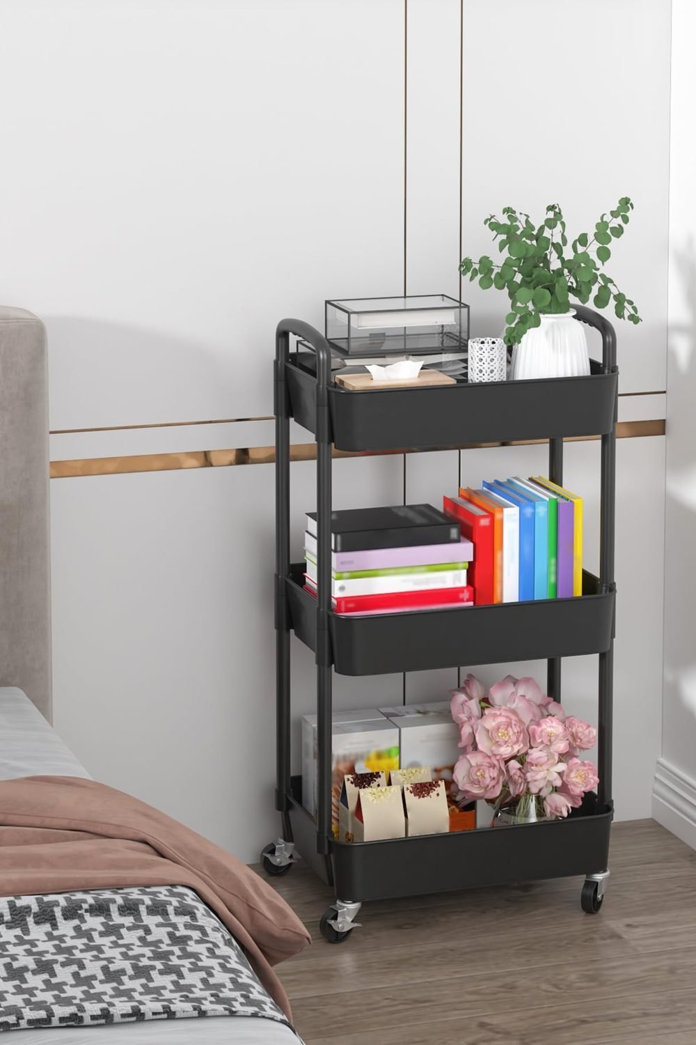 Sywhitta 3-Tier Plastic Rolling Utility Cart with Wheels Storage,Black in use at home - Sywhitta 3-Tier Plastic Rolling Utility Cart with Wheels Storage,Black