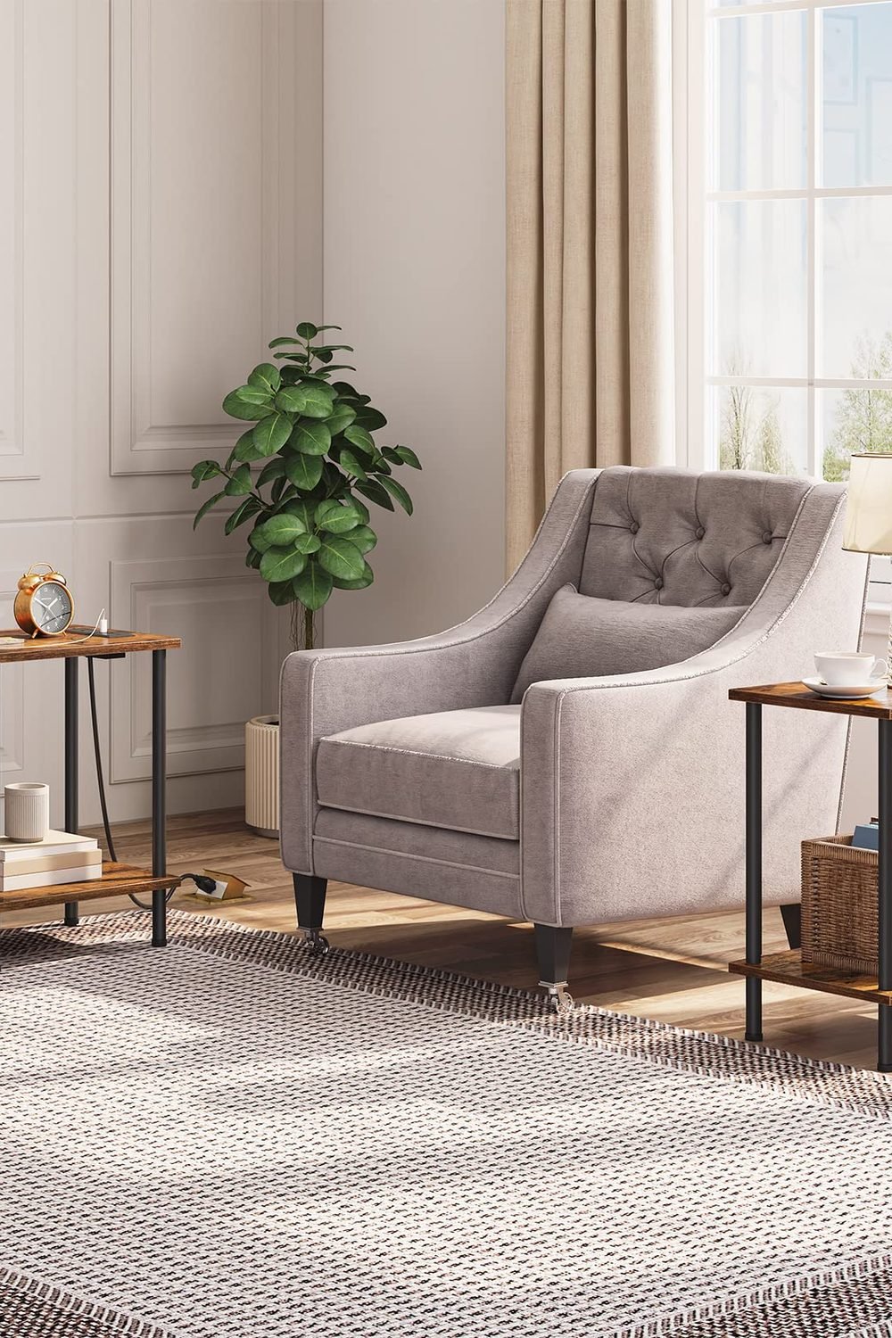 HOOBRO Side Table with Charging Station, Set of 2 End Tables with USB Port and Outlets, Nightstand with 2-Layer Storage Shelves Small Spaces, Living Room, Bedroom, Rustic Brown BF09UBZP201 side angle and details - HOOBRO Side Table with Charging Station, Set of 2 End Tables with USB Port and Outlets, Nightstand with 2-Layer Storage Shelves Small Spaces, Living Room, Bedroom, Rustic Brown BF09UBZP201