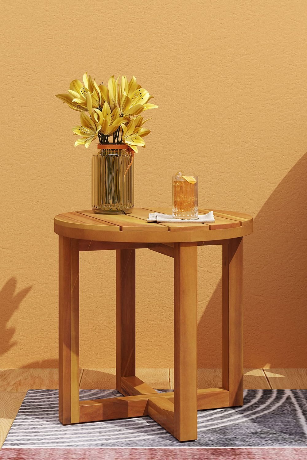 Hamel Outdoor Circular Side Table - Acacia Wood - Teak side angle and details - Hamel Outdoor Circular Side Table - Acacia Wood - Teak