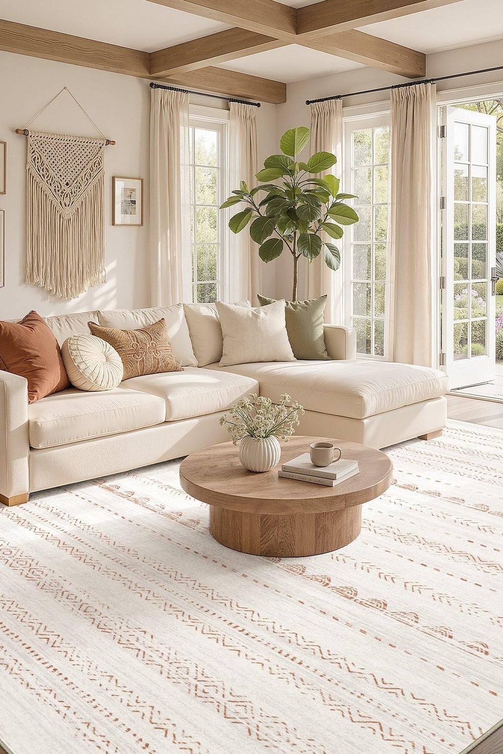 Nakagishi Boho 5x7 Area Rug Living Room Rugs Machine Washable Beige/Brown side angle and details - Nakagishi Boho 5x7 Area Rug Living Room Rugs Machine Washable Beige/Brown