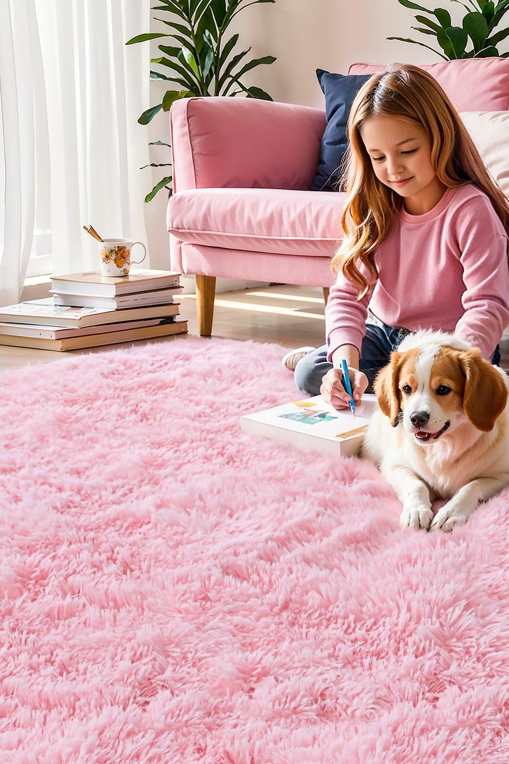 Pink Fluffy 4x6 Area Rugs Bedroom Girls, Plush Washable Carpet side angle and details - Pink Fluffy 4x6 Area Rugs Bedroom Girls, Plush Washable Carpet