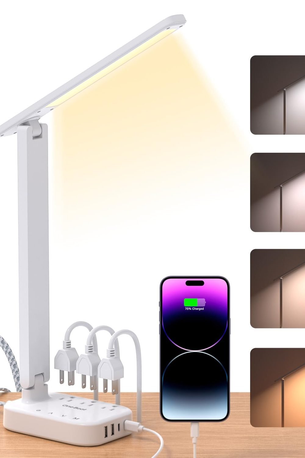 One Beat Small LED Desk Lamp Power Strip 5ft Extension Cord with 3 Outlets 4 USB Ports(2 USB C), 4 Modes, 5 Level Touch Lamp Study Reading Light, Home Office Bedroom College Dorm Room Essentials,White product image