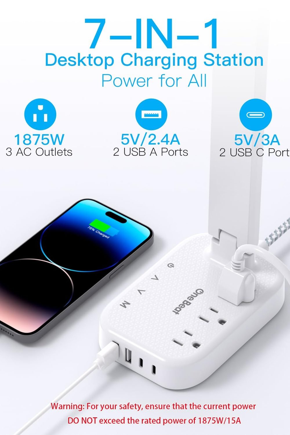 One Beat Small LED Desk Lamp Power Strip 5ft Extension Cord with 3 Outlets 4 USB Ports(2 USB C), 4 Modes, 5 Level Touch Lamp Study Reading Light, Home Office Bedroom College Dorm Room Essentials,White side angle and details - One Beat Small LED Desk Lamp Power Strip 5ft Extension Cord with 3 Outlets 4 USB Ports(2 USB C), 4 Modes, 5 Level Touch Lamp Study Reading Light, Home Office Bedroom College Dorm Room Essentials,White