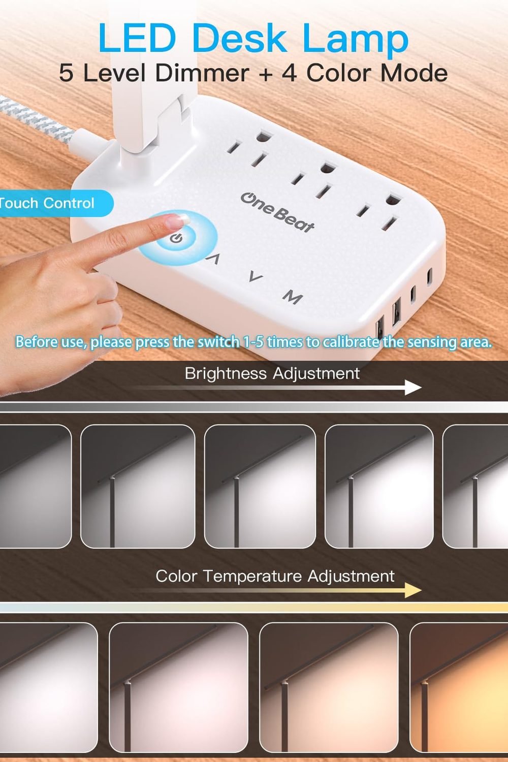One Beat Small LED Desk Lamp Power Strip 5ft Extension Cord with 3 Outlets 4 USB Ports(2 USB C), 4 Modes, 5 Level Touch Lamp Study Reading Light, Home Office Bedroom College Dorm Room Essentials,White packaging and contents - One Beat Small LED Desk Lamp Power Strip 5ft Extension Cord with 3 Outlets 4 USB Ports(2 USB C), 4 Modes, 5 Level Touch Lamp Study Reading Light, Home Office Bedroom College Dorm Room Essentials,White