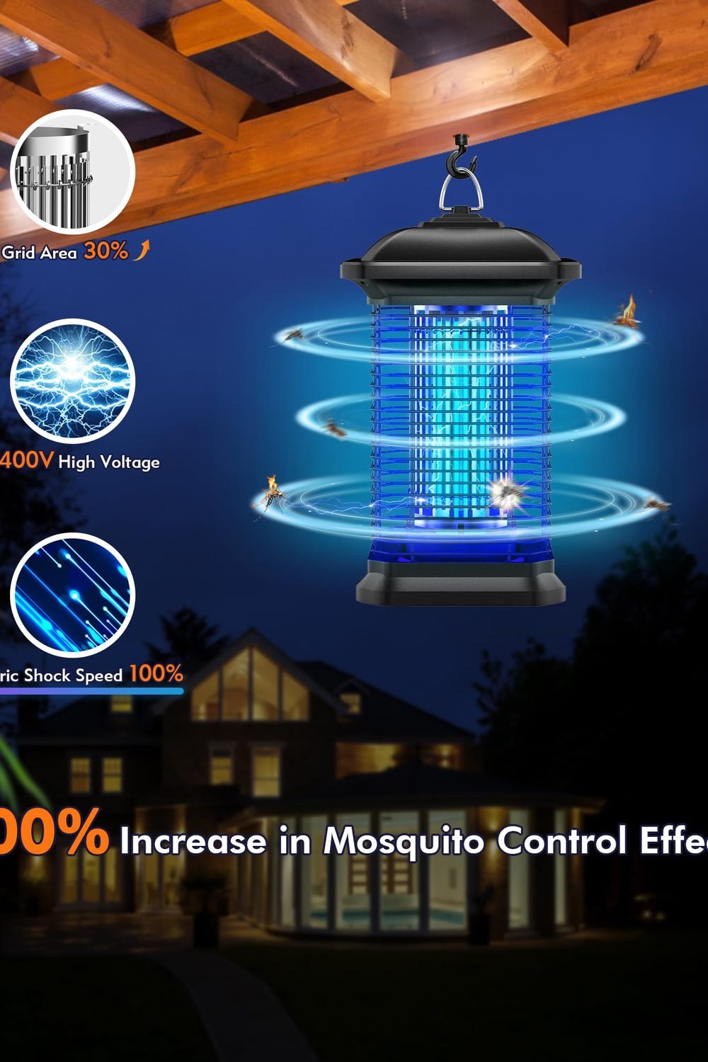 AMUFER Bug Zapper Outdoor & Indoor, 1/2 Acre Coverage Mosquito Lamp with 18W Bulb & 4400V High-Voltage, 100% Improvement in Mosquito Control Effect, Electric Fly Trap Patio, Backyard, Home side angle and details — AMUFER Bug Zapper Outdoor & Indoor, 1/2 Acre Coverage Mosquito Lamp with 18W Bulb & 4400V High-Voltage, 100% Improvement in Mosquito Control Effect, Electric Fly Trap Patio, Backyard, Home
