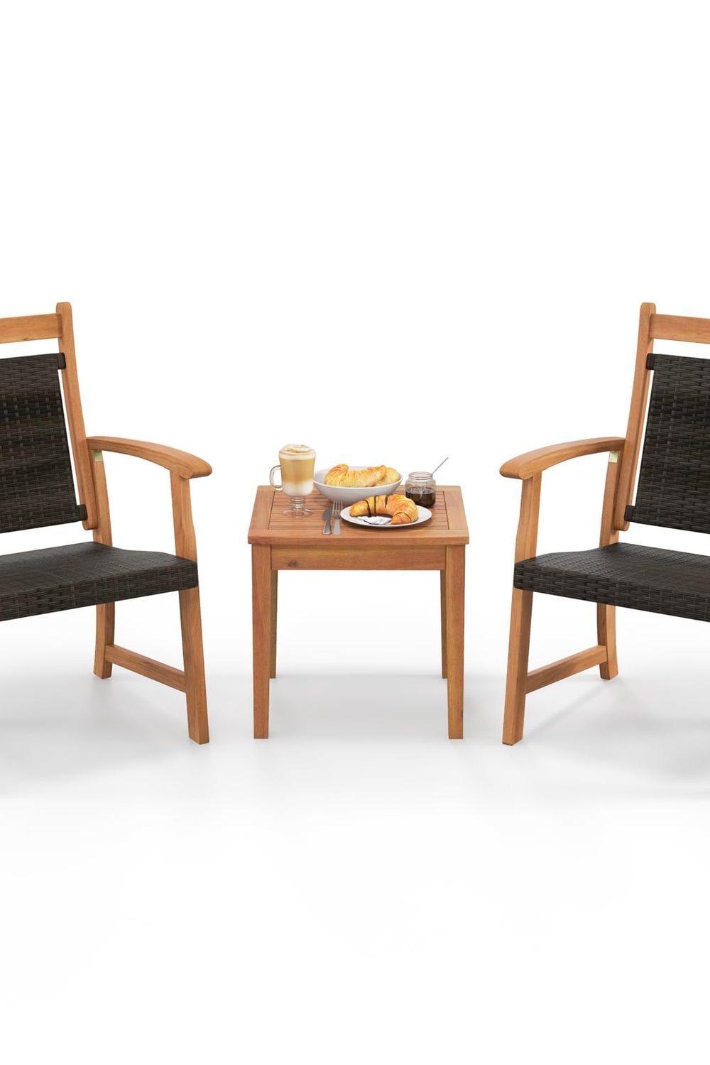 HAPPYGRILL 3 Pieces Rattan Wood Bistro Set, Patio Wicker Chairs Set with Acacia Wood Side Table, Outdoor Sofa Furniture Set for Yard Garden Porch Poolside product image