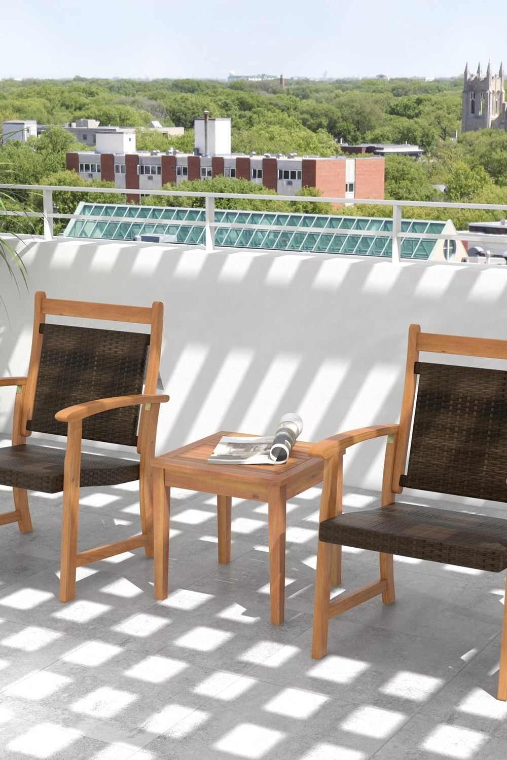 HAPPYGRILL 3 Pieces Rattan Wood Bistro Set, Patio Wicker Chairs Set with Acacia Wood Side Table, Outdoor Sofa Furniture Set Yard Garden Porch Poolside side angle and details - HAPPYGRILL 3 Pieces Rattan Wood Bistro Set, Patio Wicker Chairs Set with Acacia Wood Side Table, Outdoor Sofa Furniture Set Yard Garden Porch Poolside