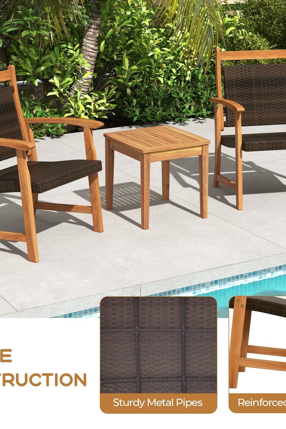 HAPPYGRILL 3 Pieces Rattan Wood Bistro Set, Patio Wicker Chairs Set with Acacia Wood Side Table, Outdoor Sofa Furniture Set Yard Garden Porch Poolside in use at home - HAPPYGRILL 3 Pieces Rattan Wood Bistro Set, Patio Wicker Chairs Set with Acacia Wood Side Table, Outdoor Sofa Furniture Set Yard Garden Porch Poolside