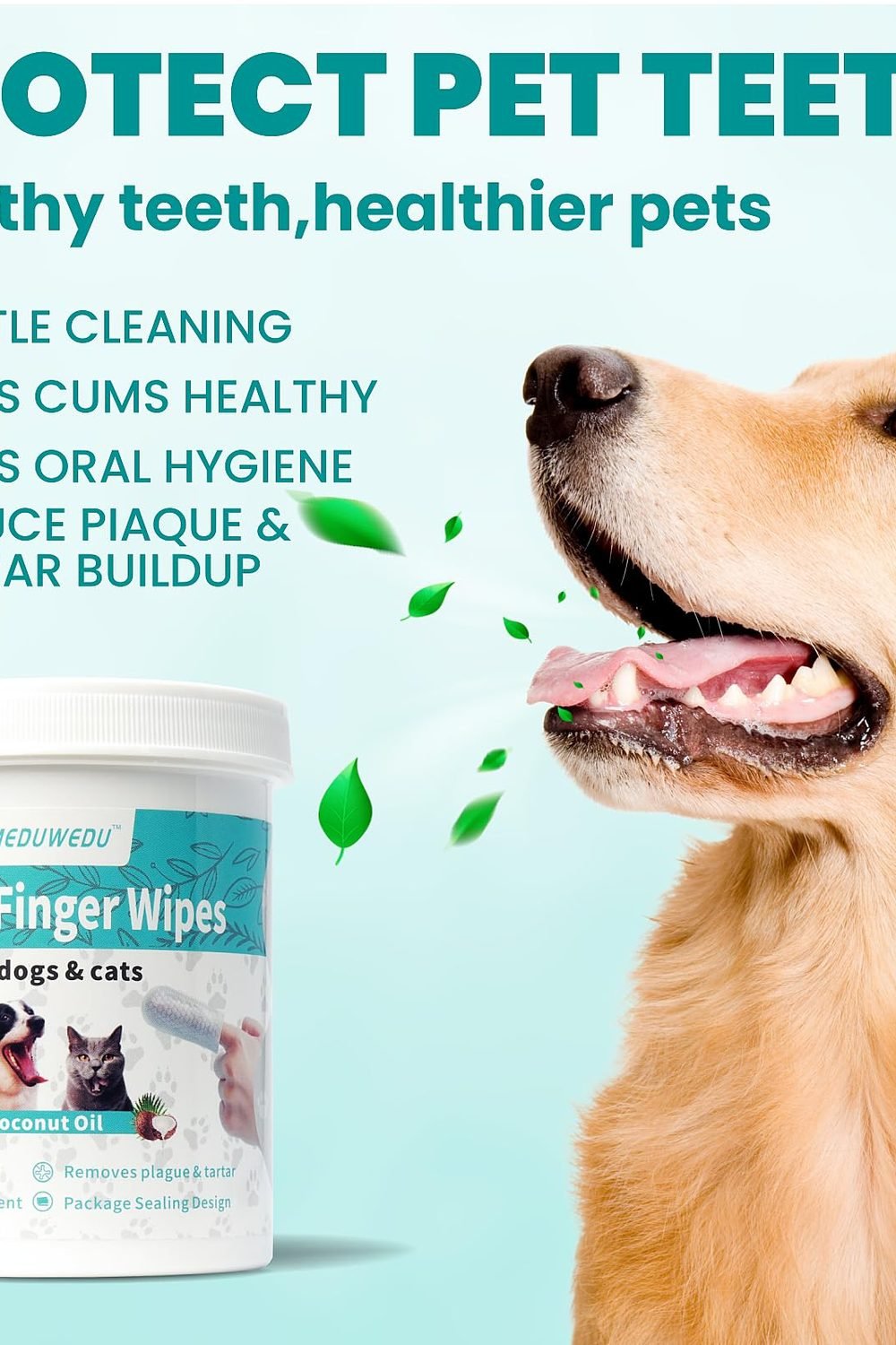 MEDUWEDU Dental Care Finger Wipes 60 Counts,Teeth Cleaning Finger Wipes Dogs & Cats,Reduces Plaque & Supports Oral Freshness, Coconut Scent side angle and details - MEDUWEDU Dental Care Finger Wipes 60 Counts,Teeth Cleaning Finger Wipes Dogs & Cats,Reduces Plaque & Supports Oral Freshness, Coconut Scent