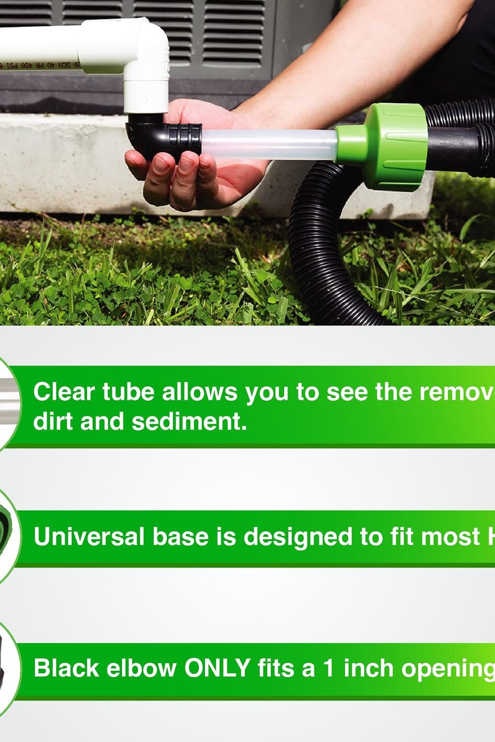 AC Drain Line Cleaner - Shop Vac Adapter HVAC Condensate & Air Conditioner Clogs - Universal Fit Wet/Dry Vacuum Attachment - Clear See Through Fitting - Unclog, Flush & Evacuate side angle and details - AC Drain Line Cleaner - Shop Vac Adapter HVAC Condensate & Air Conditioner Clogs - Universal Fit Wet/Dry Vacuum Attachment - Clear See Through Fitting - Unclog, Flush & Evacuate