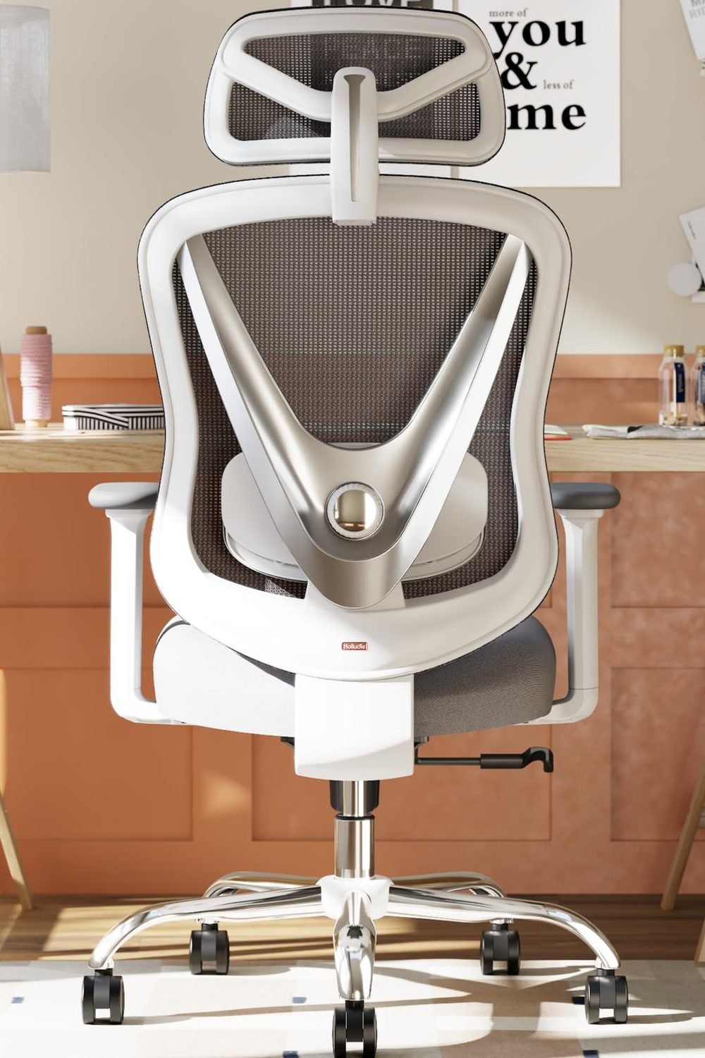 HOLLUDLE Ergonomic Mesh Office Chair - 3D Adjustable Lumbar Support & 3D Armrests, V-Shaped Back, Adjustable Desk Chair for Office & Home, White product image