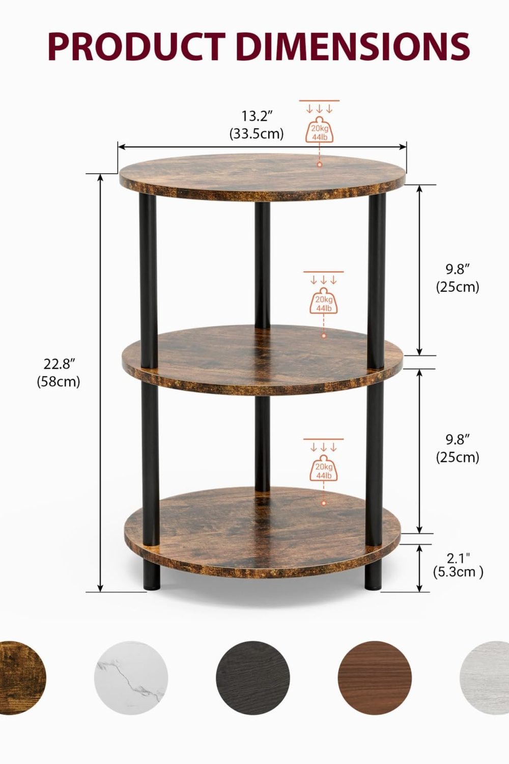 XBurmo Small Round Coffee Table - 3 Tier Design Accent Table, Narrow Side or Bedside Stand, Industrial Vintage Nightstand Bedroom, Living Room, or Small Spaces, Rustic Brown side angle and details - XBurmo Small Round Coffee Table - 3 Tier Design Accent Table, Narrow Side or Bedside Stand, Industrial Vintage Nightstand Bedroom, Living Room, or Small Spaces, Rustic Brown