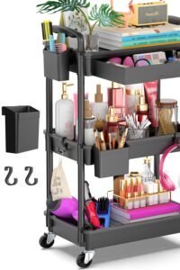 Goovilla 3 Tier Rolling Utility Cart Organizer with Removable Drawer, Black main product view - Goovilla 3 Tier Rolling Utility Cart Organizer with Removable Drawer, Black