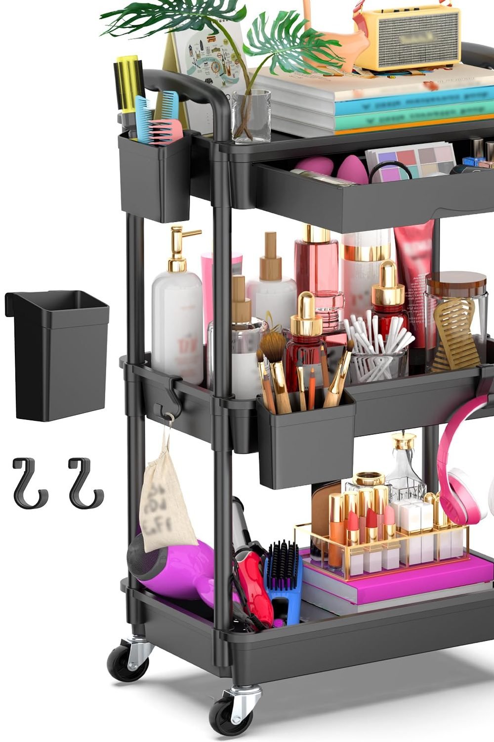 Goovilla 3 Tier Rolling Utility Cart Organizer with Removable Drawer, Black product image