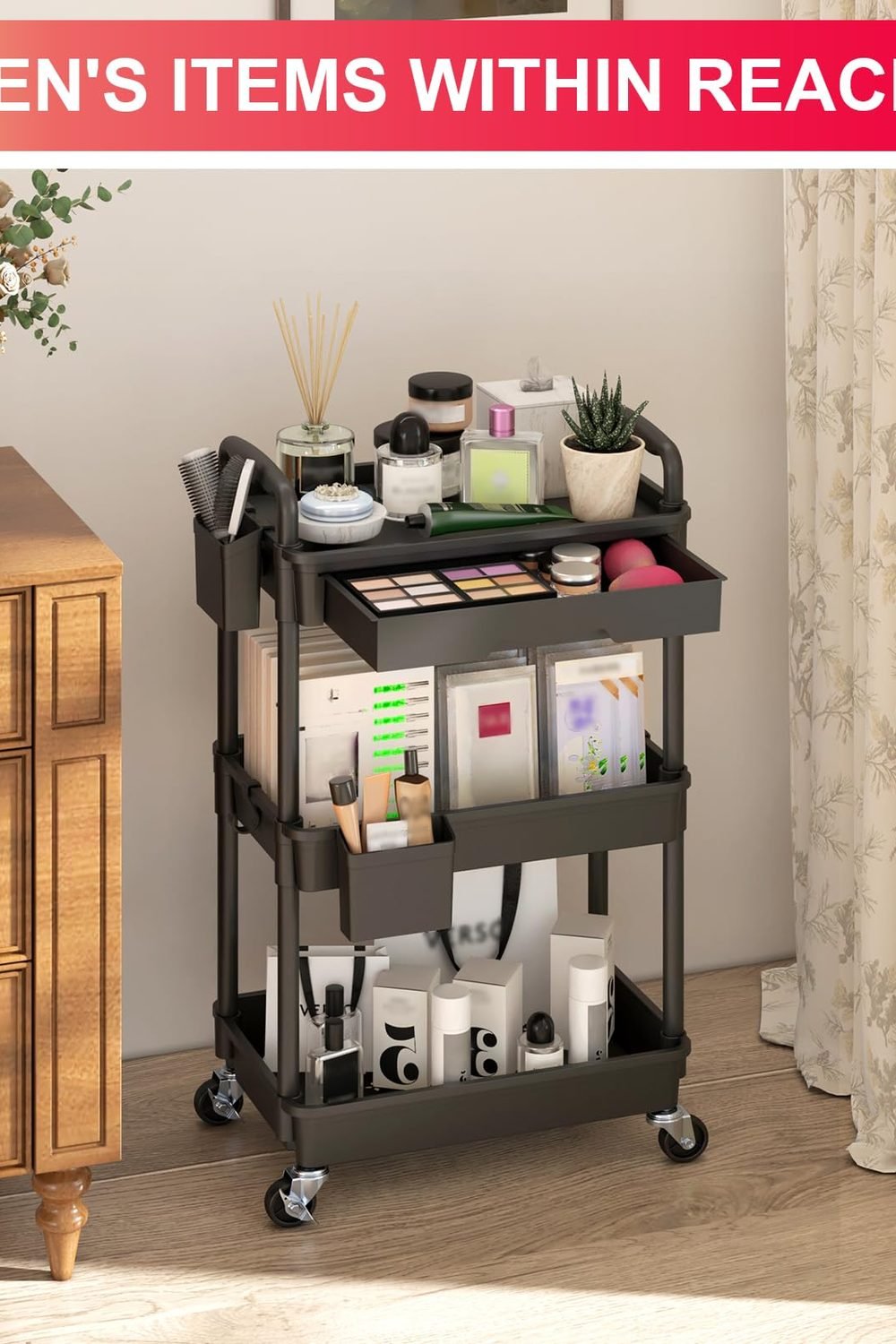 Goovilla 3 Tier Rolling Utility Cart Organizer with Removable Drawer, Black accessories and refills - Goovilla 3 Tier Rolling Utility Cart Organizer with Removable Drawer, Black