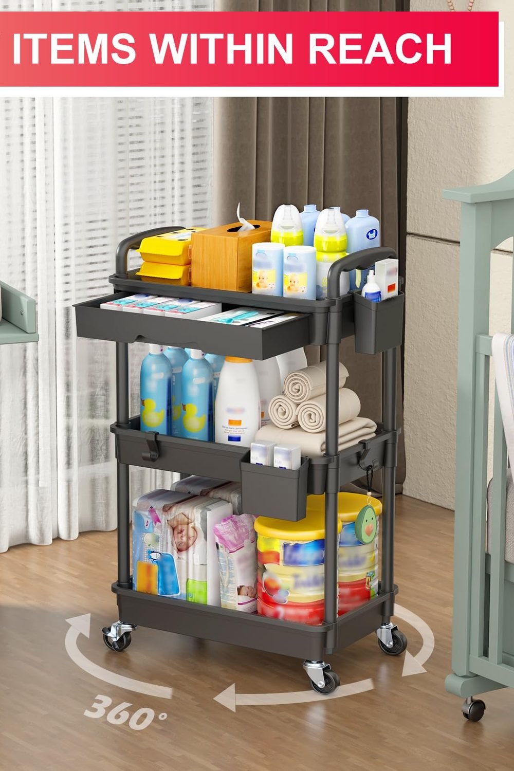 Goovilla 3 Tier Rolling Utility Cart Organizer with Removable Drawer, Black in use at home - Goovilla 3 Tier Rolling Utility Cart Organizer with Removable Drawer, Black