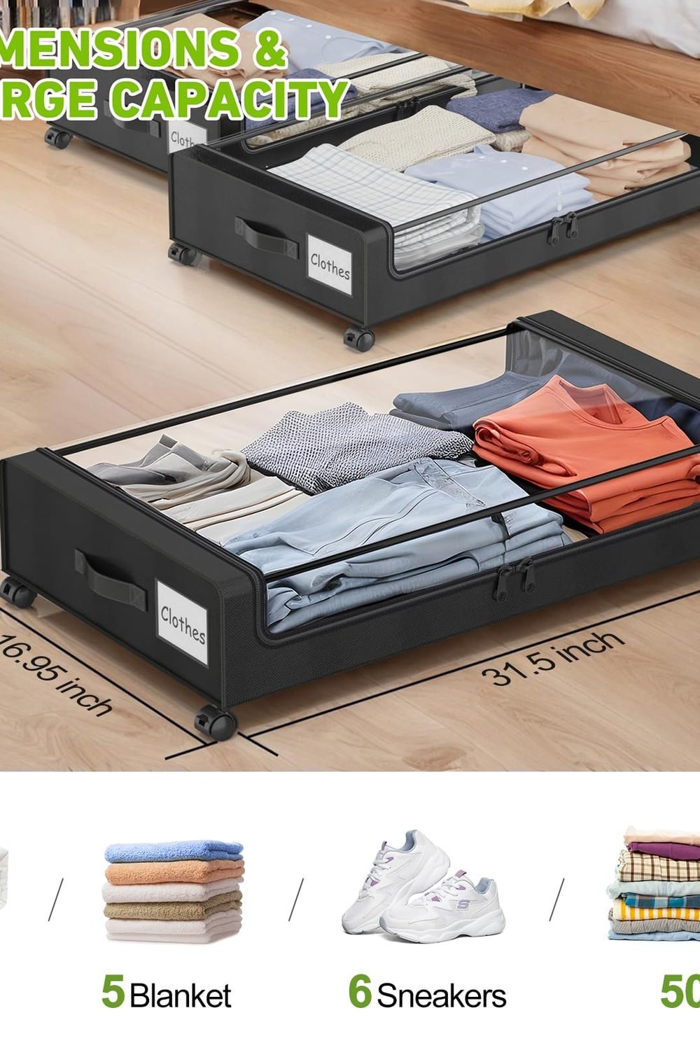 Molutsody Under Bed Storage with Wheels, 2-Pack Underbed Storage Containers with Clear Lids, Under Bed Shoe Storage Organizer, Rolling Under the Bed Storage Bins Clothes Shoes Blankets (Black) side angle and details - Molutsody Under Bed Storage with Wheels, 2-Pack Underbed Storage Containers with Clear Lids, Under Bed Shoe Storage Organizer, Rolling Under the Bed Storage Bins Clothes Shoes Blankets (Black)