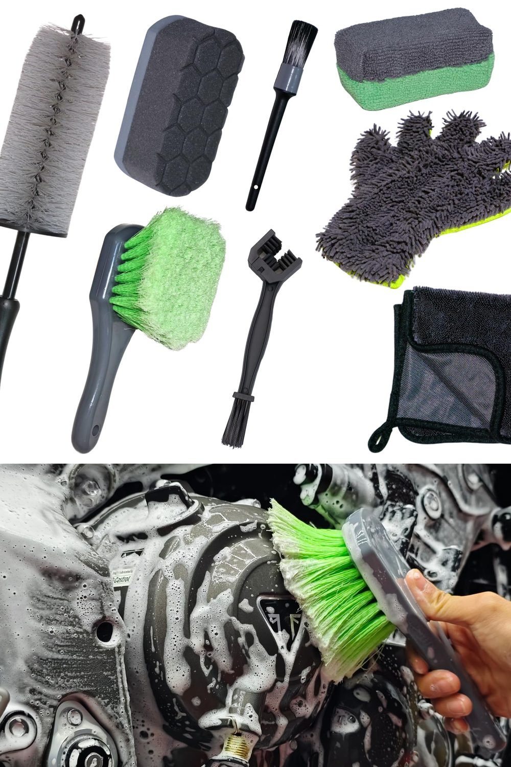 oesee 8 Pack Motorcycle Cleaning Kit - Professional Safe for Chrome/Engine/Tires, Hard Reach Brush, Microfiber Mitt, Detailing Tools, Drying Towel & Wax Applicators product image