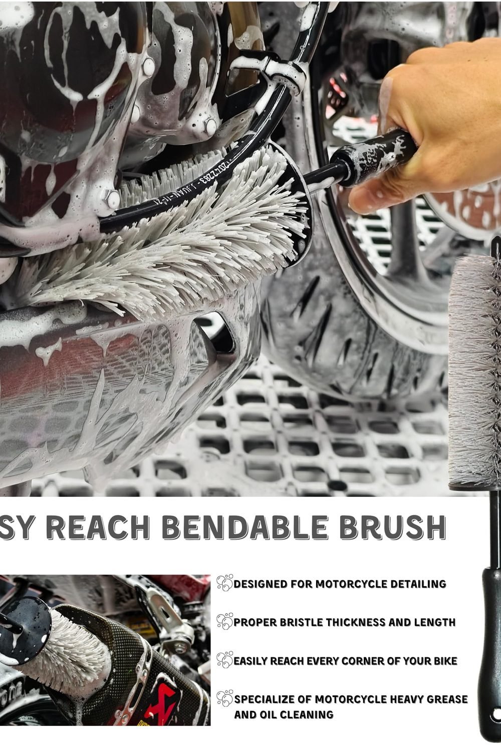 oesee 8 Pack Motorcycle Cleaning Kit - Professional Safe Chrome/Engine/Tires, Hard Reach Brush, Microfiber Mitt, Detailing Tools, Drying Towel & Wax Applicators side angle and details - oesee 8 Pack Motorcycle Cleaning Kit - Professional Safe Chrome/Engine/Tires, Hard Reach Brush, Microfiber Mitt, Detailing Tools, Drying Towel & Wax Applicators