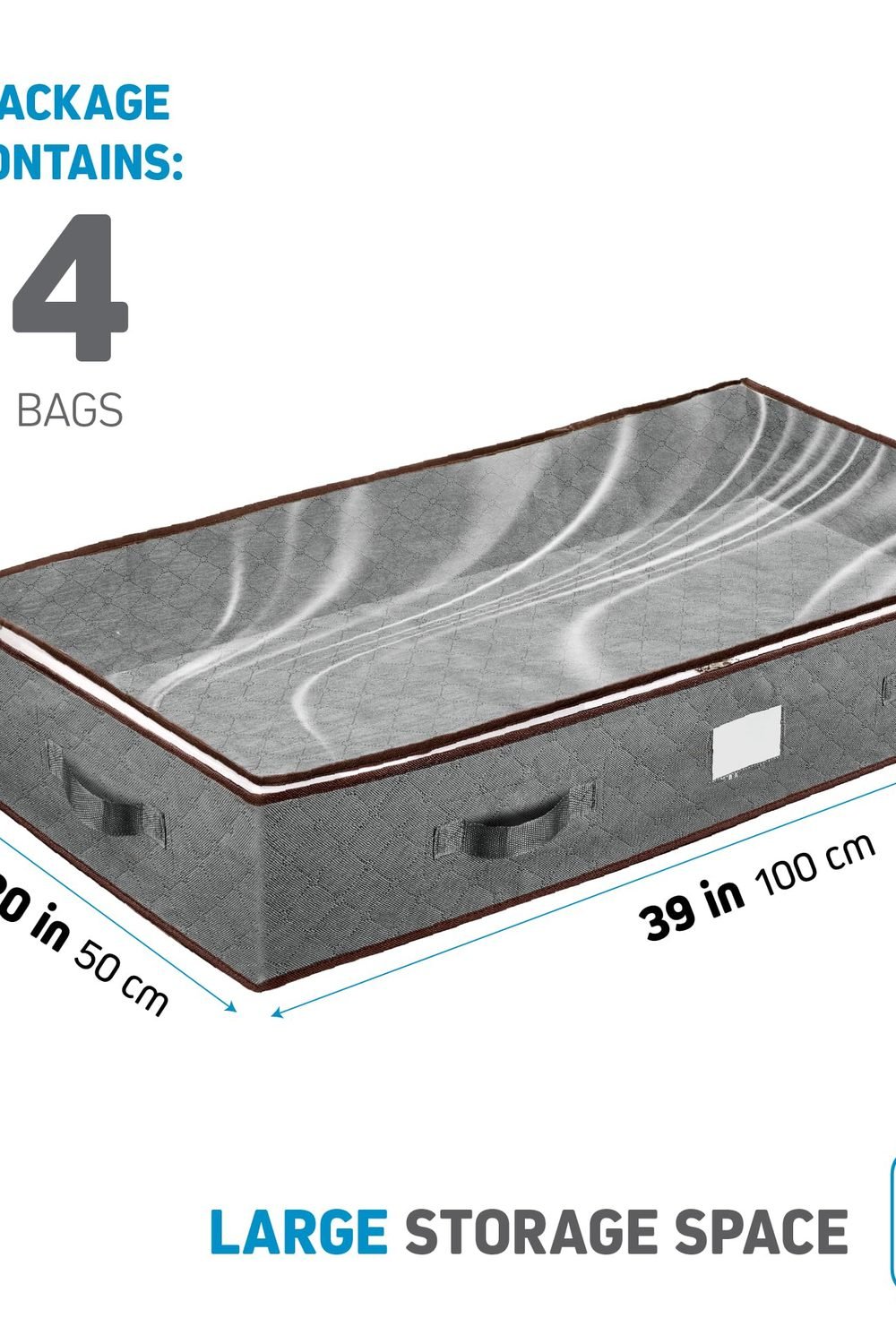 ZOBER Under Bed Storage Bags, Underbed Storage Containers, Gray, 90L 4-Pack side angle and details - ZOBER Under Bed Storage Bags, Underbed Storage Containers, Gray, 90L 4-Pack