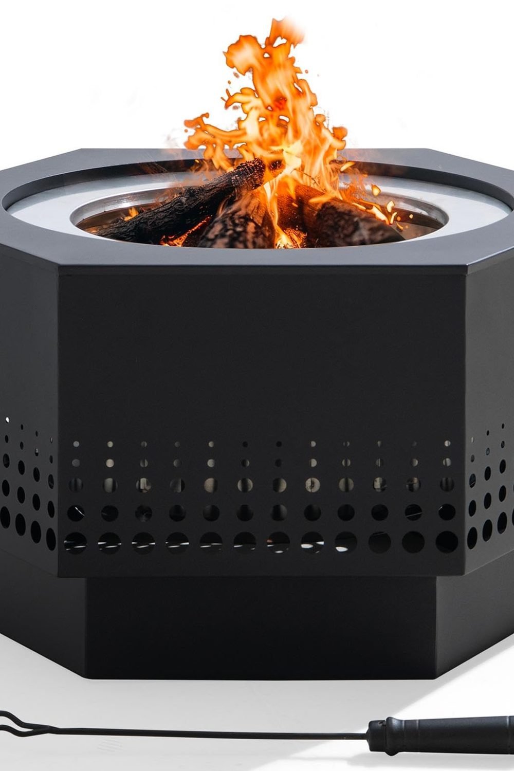 Sunjoy Smokeless Fire Pit 28-Inch Hexagonal Firepit Review (2026) 1 SUNJOY Smokeless Fire Pit 28-Inch Hexagonal Firepit for Outdoor, Stainless Steel Wood Burning Fireplace with Removable Ash Pan, PVC Cover and Fire Poker, Ideal for Camping, Bonfire, Backyard, Black shown on its Amazon listing