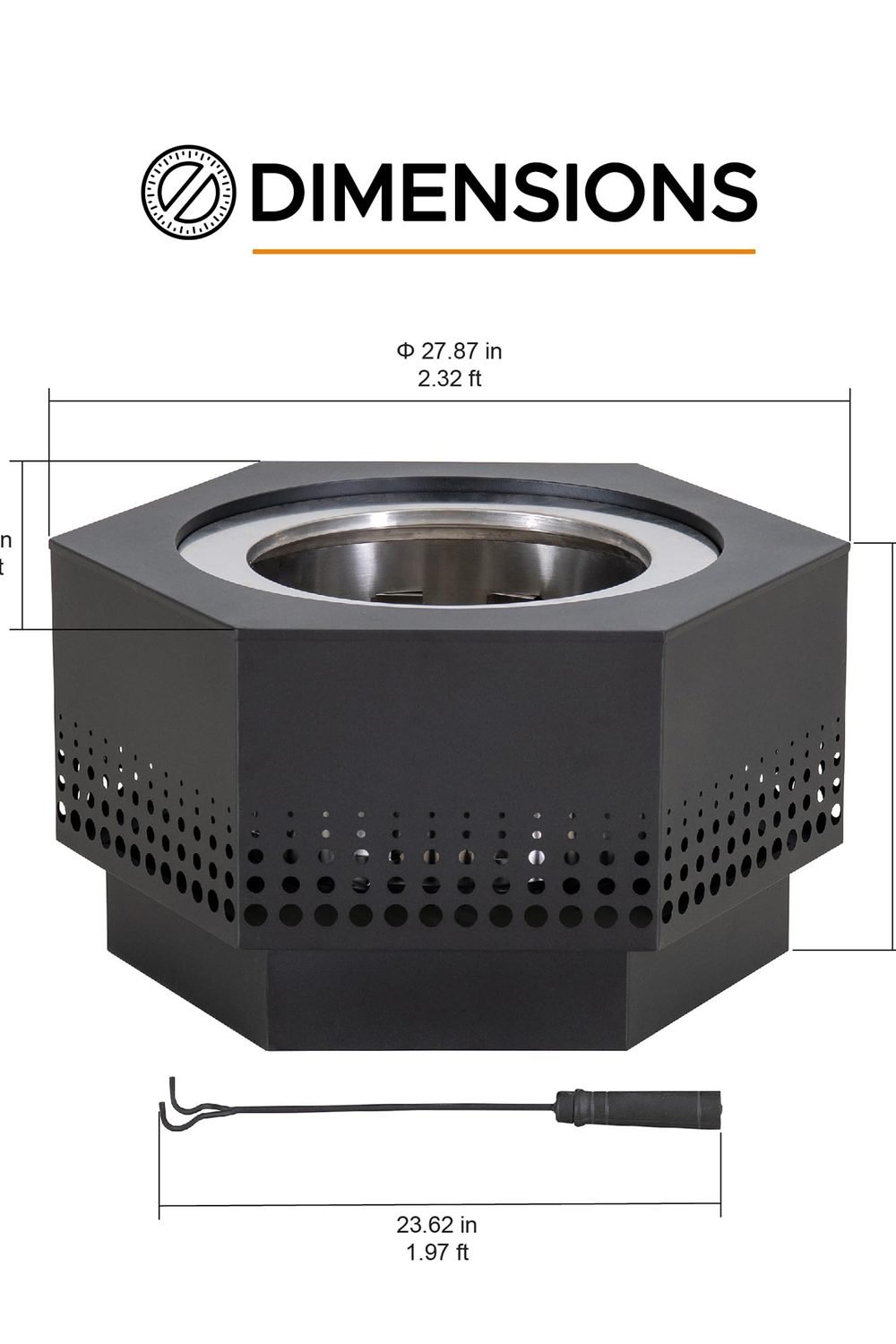 SUNJOY Smokeless Fire Pit 28-Inch Hexagonal Firepit Outdoor, Stainless Steel Wood Burning Fireplace with Removable Ash Pan, PVC Cover and Fire Poker, Ideal Camping, Bonfire, Backyard, Black side angle and details - SUNJOY Smokeless Fire Pit 28-Inch Hexagonal Firepit Outdoor, Stainless Steel Wood Burning Fireplace with Removable Ash Pan, PVC Cover and Fire Poker, Ideal Camping, Bonfire, Backyard, Black