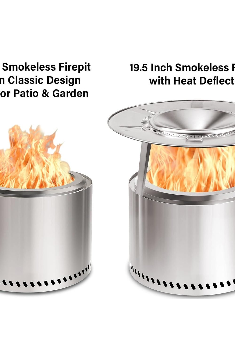 HGD 19.5" Smokeless Fire Pit Outdoor, Stainless Steel Wood Burning Firepit with Secondary Combustion, Backyard Patio Stove Garden, BBQ & Bonfire side angle and details - HGD 19.5" Smokeless Fire Pit Outdoor, Stainless Steel Wood Burning Firepit with Secondary Combustion, Backyard Patio Stove Garden, BBQ & Bonfire