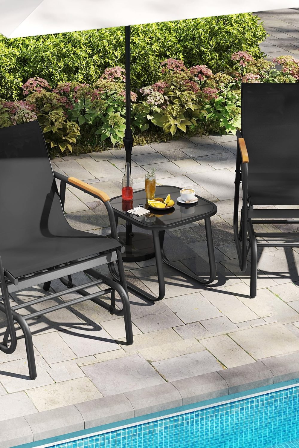 YITAHOME 3 Piece Patio Glider Set Textilene Gliders Outdoor Furniture Black side angle and details - YITAHOME 3 Piece Patio Glider Set Textilene Gliders Outdoor Furniture Black