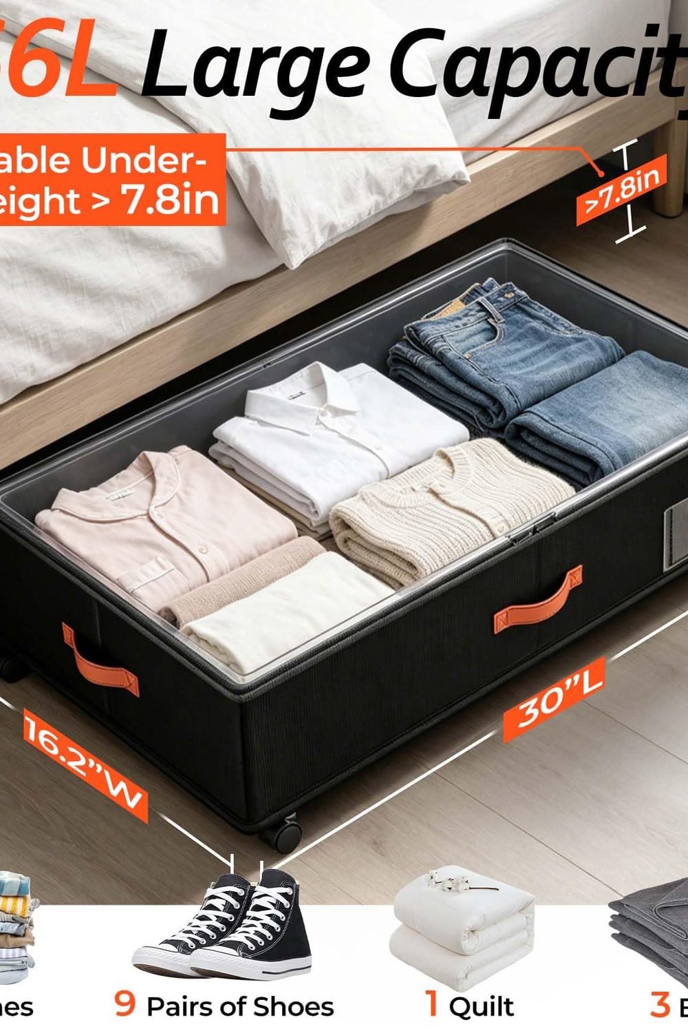 Under Bed Storage with Wheels 2-Pack, Under Bed Storage Containers 66L Clear Lids, Rolling Storage Drawers Clothes Shoes Blankets, Underbed Organizer Bins(30" L x 16.2" W x 7.5" H) side angle and details - Under Bed Storage with Wheels 2-Pack, Under Bed Storage Containers 66L Clear Lids, Rolling Storage Drawers Clothes Shoes Blankets, Underbed Organizer Bins(30" L x 16.2" W x 7.5" H)
