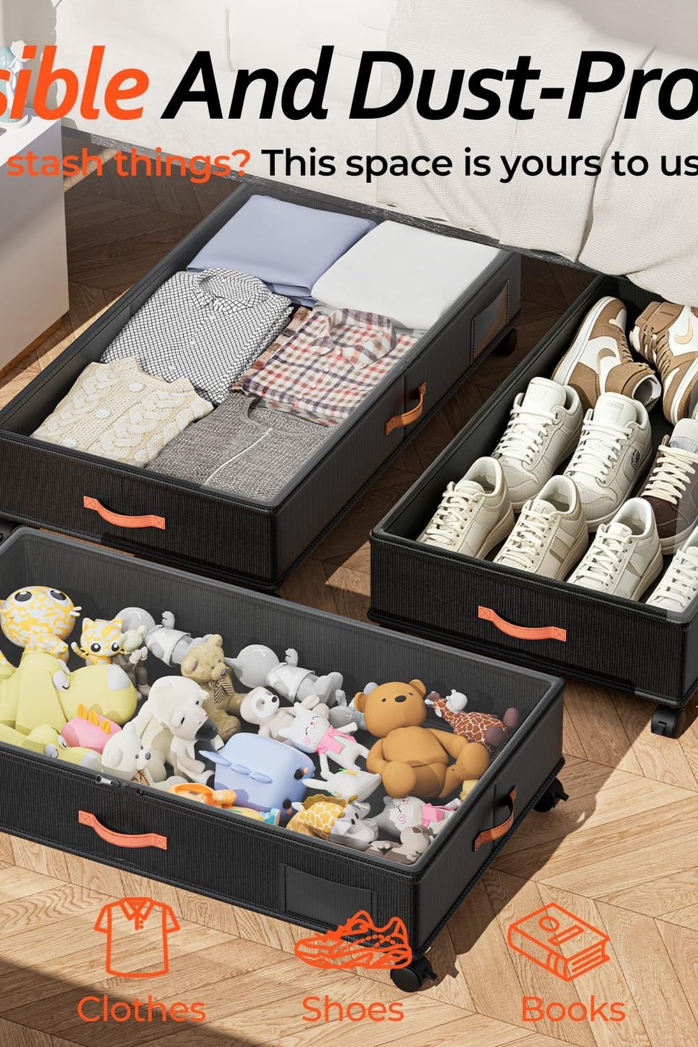 Under Bed Storage with Wheels 2-Pack, Under Bed Storage Containers 66L Clear Lids, Rolling Storage Drawers Clothes Shoes Blankets, Underbed Organizer Bins(30" L x 16.2" W x 7.5" H) in use at home - Under Bed Storage with Wheels 2-Pack, Under Bed Storage Containers 66L Clear Lids, Rolling Storage Drawers Clothes Shoes Blankets, Underbed Organizer Bins(30" L x 16.2" W x 7.5" H)