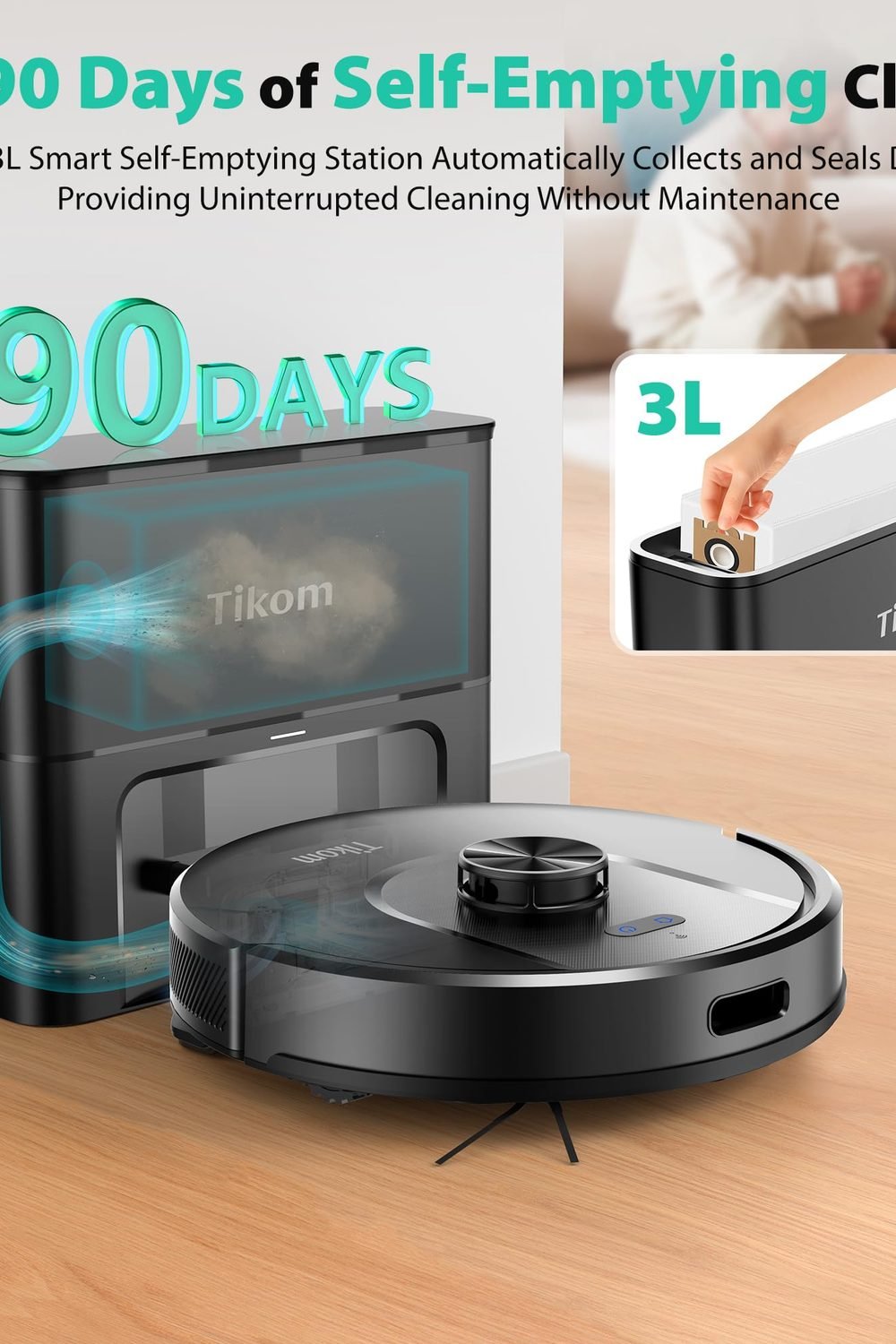 Tikom Robot Vacuum and Mop, Robotic Vacuum Cleaner with Self-Emptying Base side angle and details — Tikom Robot Vacuum and Mop, Robotic Vacuum Cleaner with Self-Emptying Base