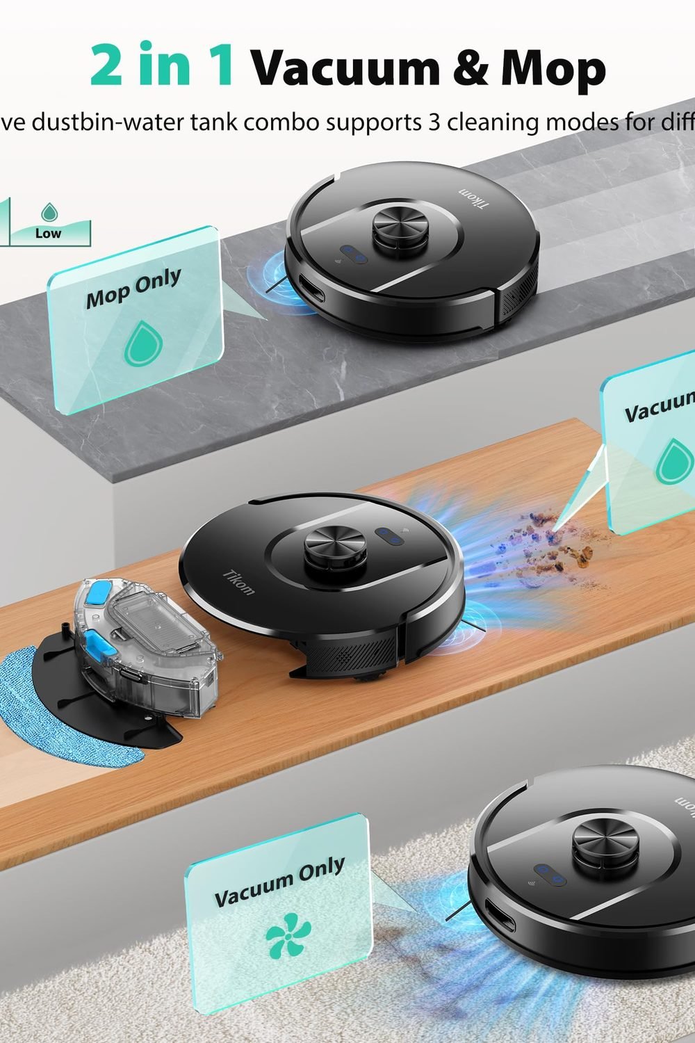 Tikom Robot Vacuum and Mop, Robotic Vacuum Cleaner with Self-Emptying Base in use at home — Tikom Robot Vacuum and Mop, Robotic Vacuum Cleaner with Self-Emptying Base