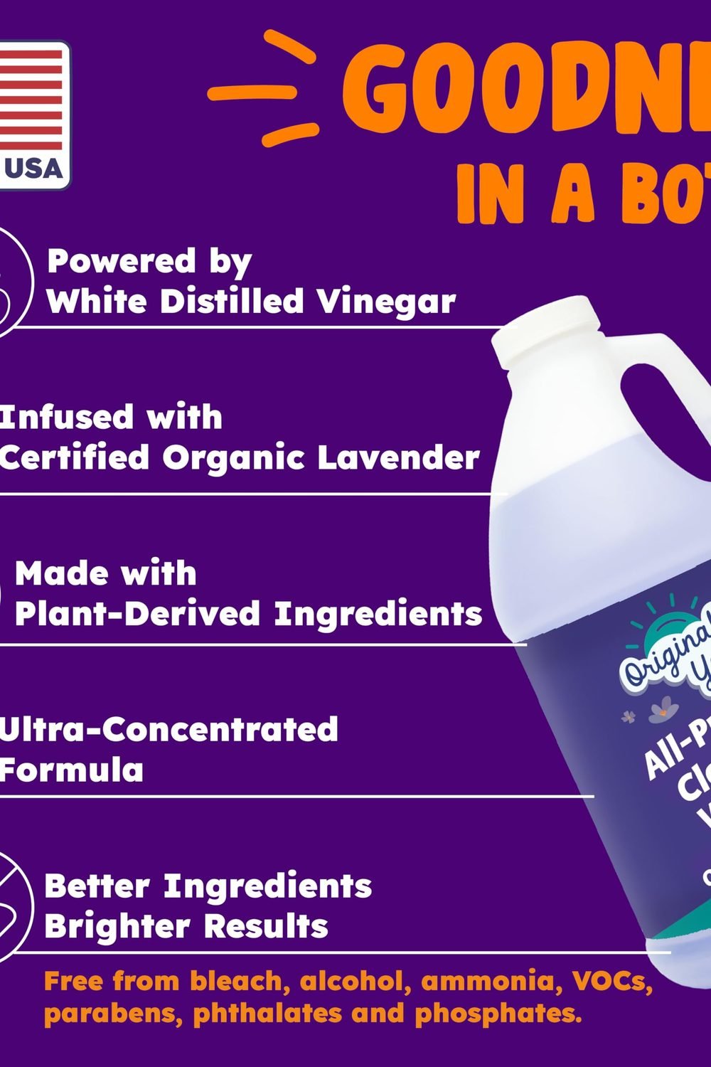 ally Yellow Lavender Vinegar Cleaning Purpose | USA Made All Purpose Cleaner | Use as a Floor, Glass, Kitchen, & Bathroom Cleaner | Plant Derived Vinegar Half Gallon | 64 Oz side angle and details - ally Yellow Lavender Vinegar Cleaning Purpose | USA Made All Purpose Cleaner | Use as a Floor, Glass, Kitchen, & Bathroom Cleaner | Plant Derived Vinegar Half Gallon | 64 Oz