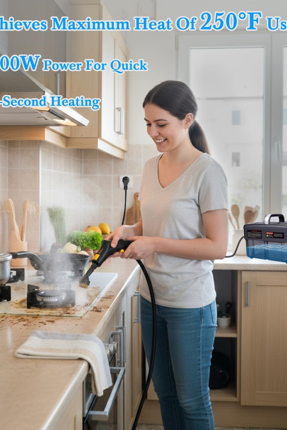 Steam Cleaner Home - 1600ML Water Tank 15s Heat-Up Portable Steamer Cleaning, 6 Level Adjustable, 2500W, 45PSI, 250F Steam, Handheld Steam Cleaner Car Detailing, Grease, Tile,Grout side angle and details - Steam Cleaner Home - 1600ML Water Tank 15s Heat-Up Portable Steamer Cleaning, 6 Level Adjustable, 2500W, 45PSI, 250F Steam, Handheld Steam Cleaner Car Detailing, Grease, Tile,Grout