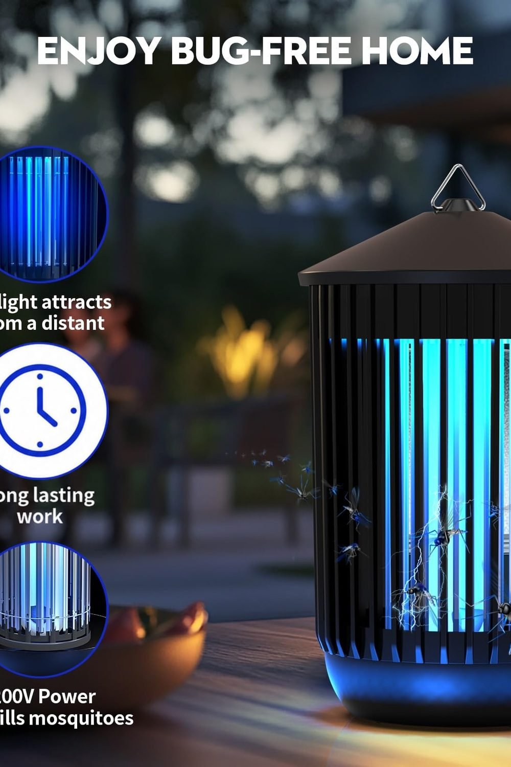 Bug Zapper Outdoor Indoor, Mosquito Zapper, Electric Fly Traps IPX4 Waterproof 20W Lamp Fly Insects Traps Patio, Garage, Backyard, Porch side angle and details — Bug Zapper Outdoor Indoor, Mosquito Zapper, Electric Fly Traps IPX4 Waterproof 20W Lamp Fly Insects Traps Patio, Garage, Backyard, Porch