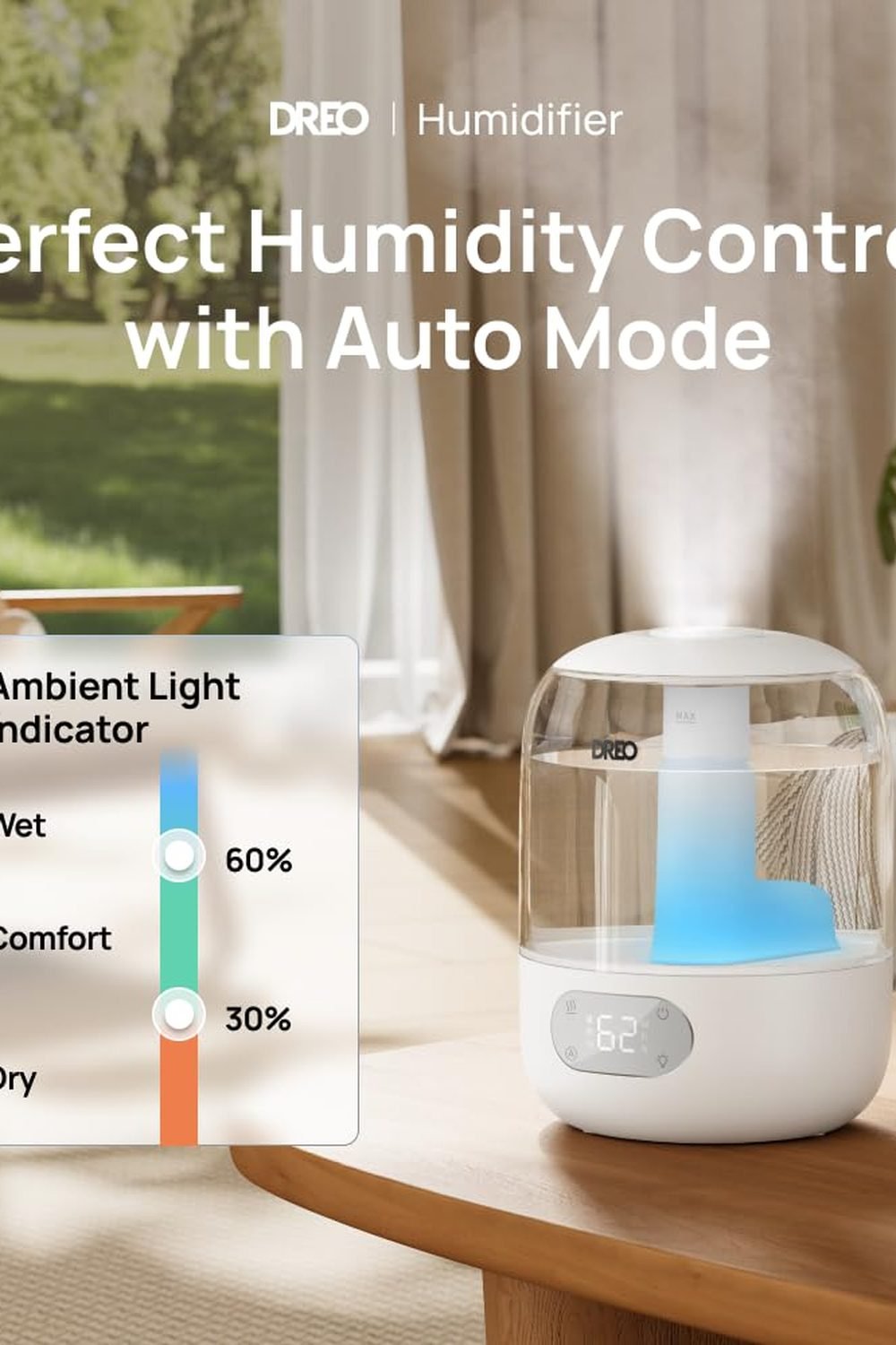 DREO 3L Humidifiers Bedroom, 30H Runtime, 26 dB Quiet, New Edition side angle and details - DREO 3L Humidifiers Bedroom, 30H Runtime, 26 dB Quiet, New Edition