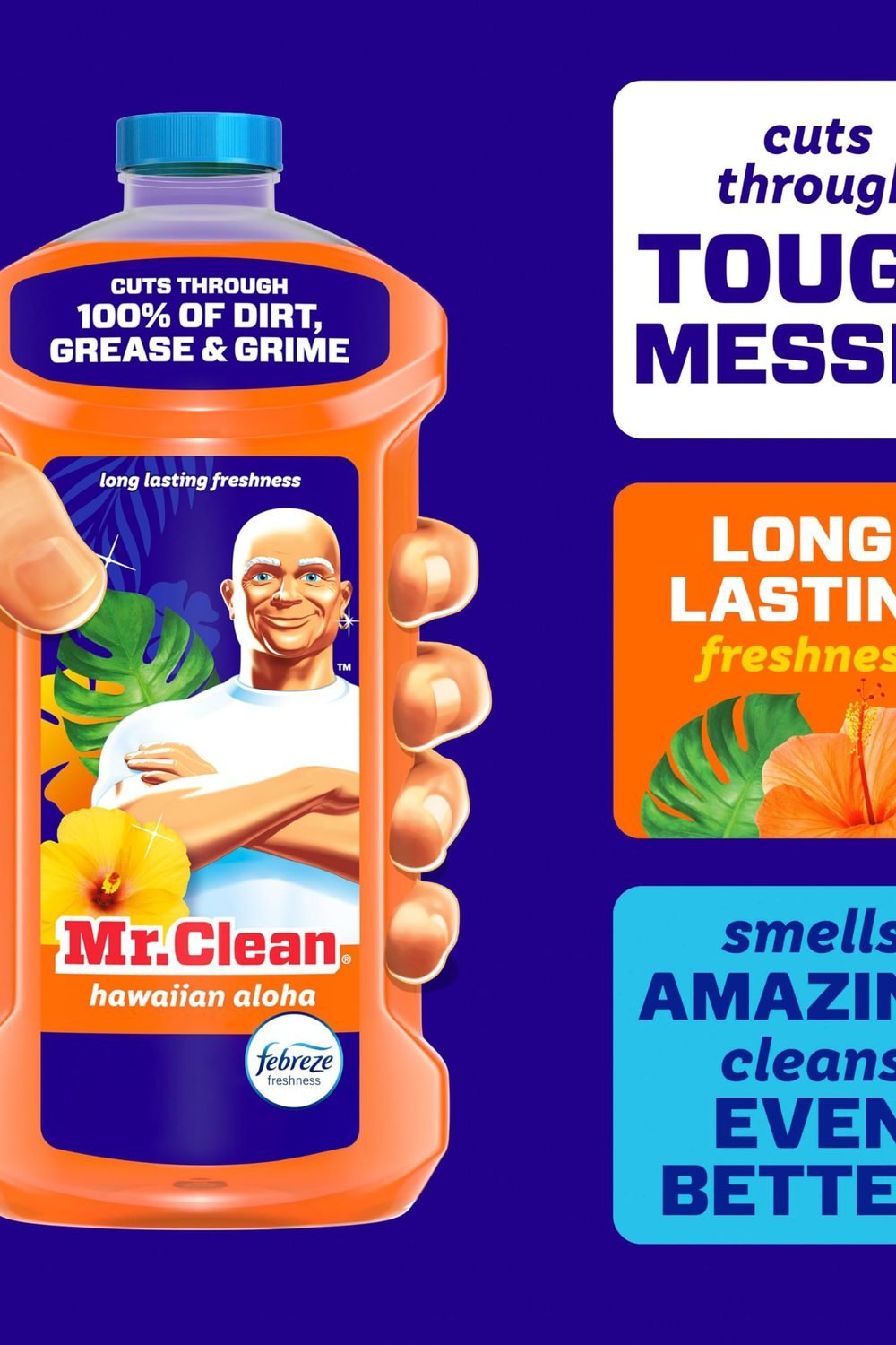 Mr. Clean All Purpose Cleaner, Mop Soap, Floor Cleaner Mopping Home, Bathroom, & Kitchen, Cleaning Liquid Mop & Bucket, Cleaning Supplies, Multi-Surface Dilutable, Hawaiian Aloha, 41oz side angle and details - Mr. Clean All Purpose Cleaner, Mop Soap, Floor Cleaner Mopping Home, Bathroom, & Kitchen, Cleaning Liquid Mop & Bucket, Cleaning Supplies, Multi-Surface Dilutable, Hawaiian Aloha, 41oz