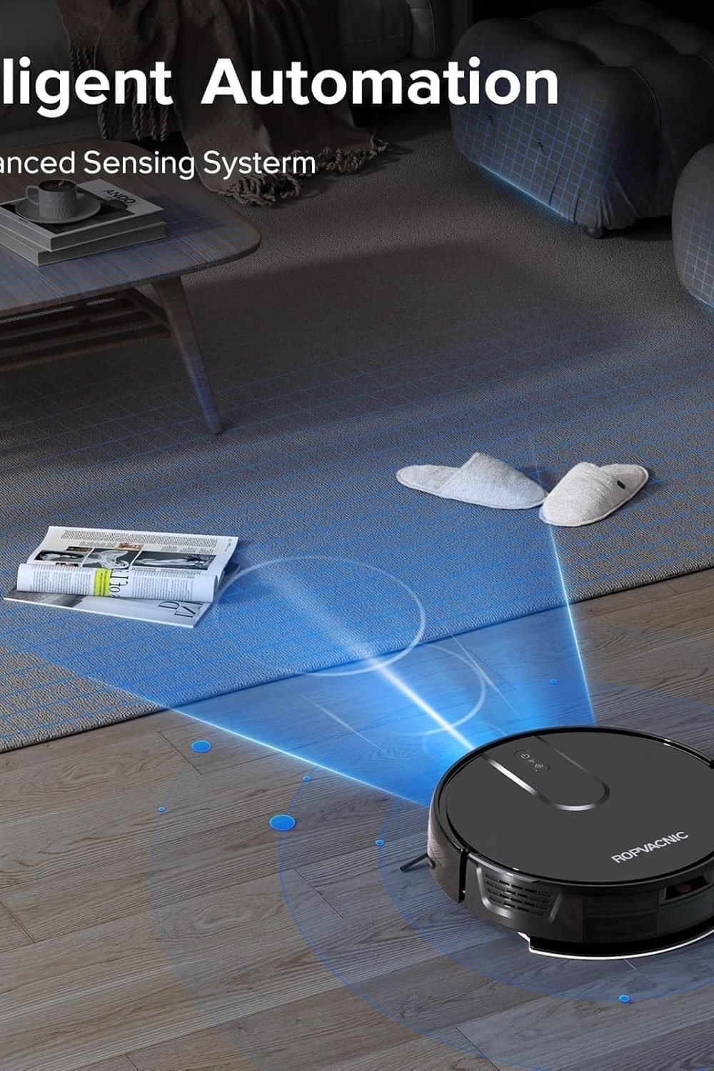 ROPVACNIC Robot Vacuum and Mop Combo 5200Pa Suction Robotic Cleaner side angle and details — ROPVACNIC Robot Vacuum and Mop Combo 5200Pa Suction Robotic Cleaner
